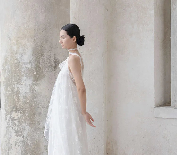 White Lace Halter Lace-Up Spaghetti Strap Floor-Length Bridal Robe Dress  Illusion Beach Vacation Banquet Gown