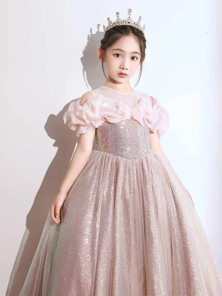 Girl Wedding Dress Solid Color Long Children Party Flower Girls Dress a Line Baby Girl We