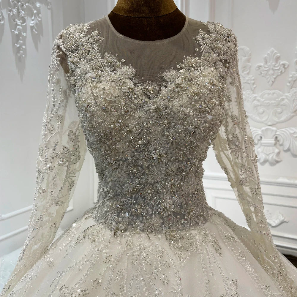 Luxury Beading With Floral Applique Puffy Long Sleeve Princess Ball Gown Vintage Wedding Dress With Cathedral Train LSCJ30