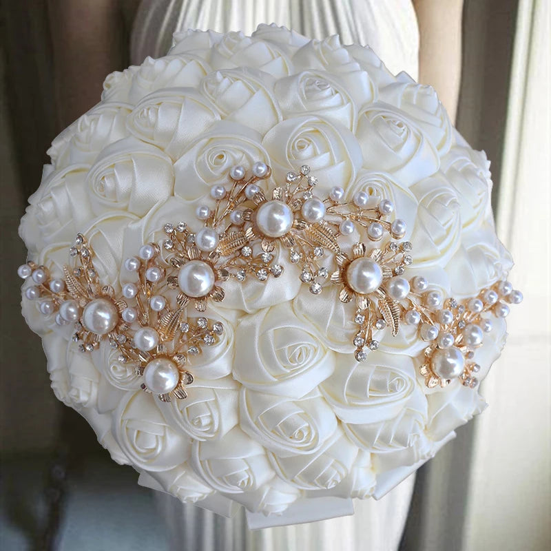 1pc/lot Navy Wedding Bouquet Gold Diamond Silver Diamond Pearl Decoration Bridal Wedding Bouquet Artificial Ribbon Rose