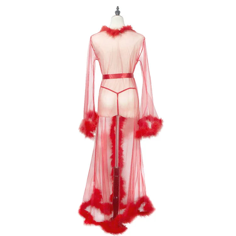 2021 Pajama Robe Sexy Mesh Fur Robe Lingerie Women Valentines Day Lingerie Robe
