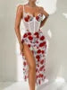Two Pieces Sexy Lingerie Sets Bra Nightdress Sexy Lace Sleepwear Rose Print Slim Soft Dresses V Neck Full Slip Sleepwear Suit