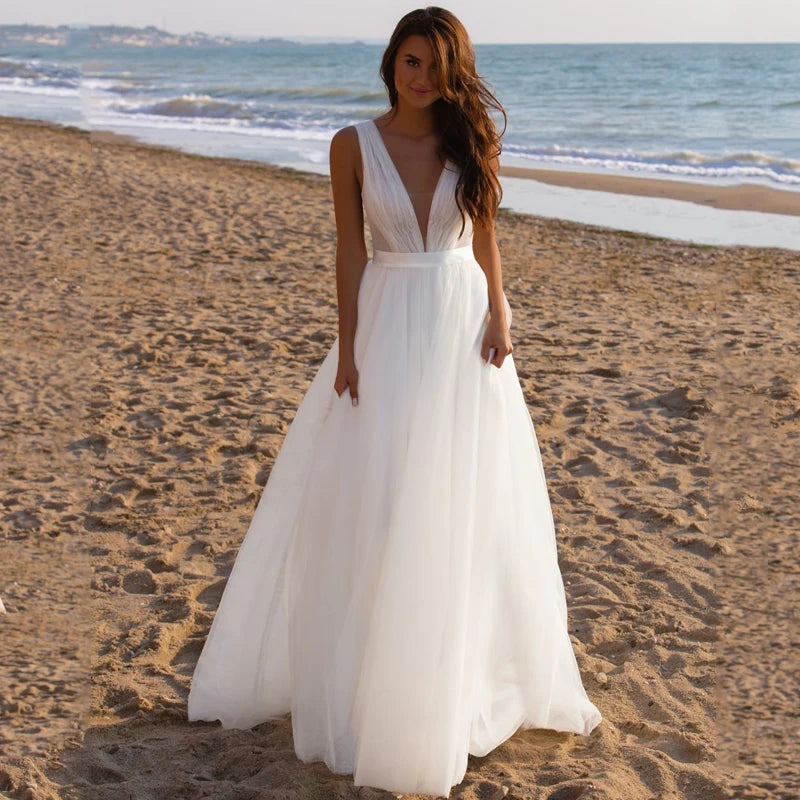 13388#Simple Tulle Sleeveless V Neck A-Line Wedding Dress Sweep Train Elegant Backless Wedding Dress Bridal Gown Evening Dress