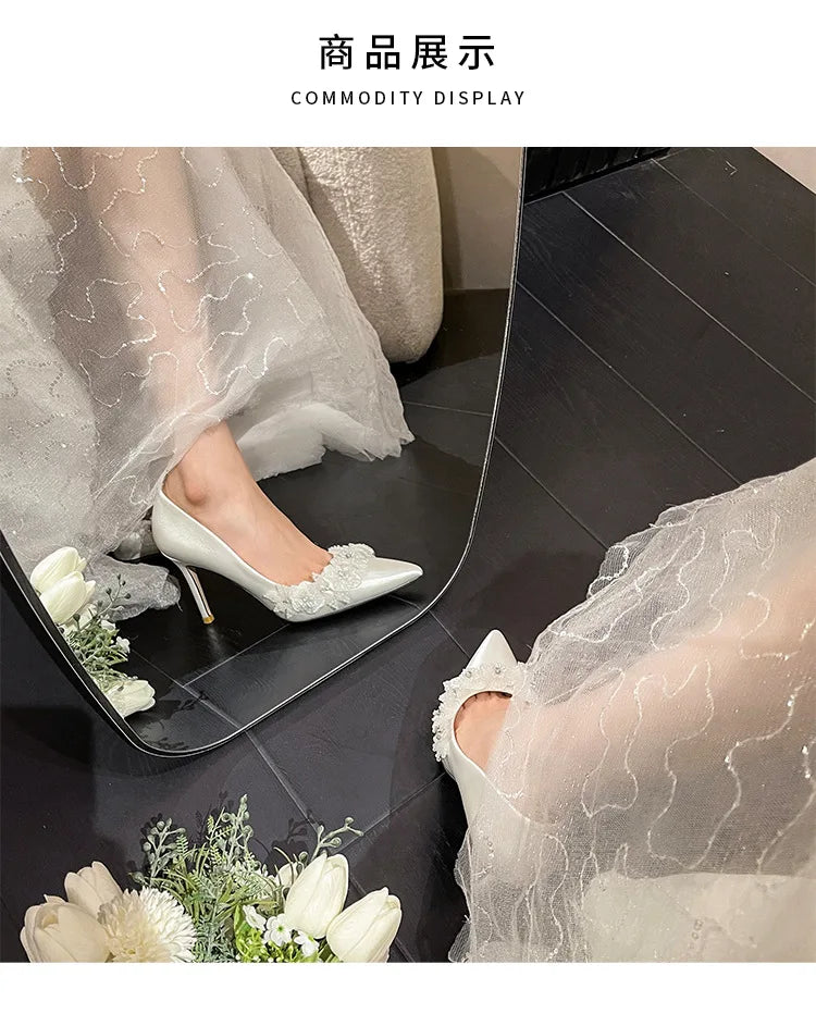 2023 Wedding Bridal Shoes Silk White Flower Temperament Dress 7CM/9CM Thin Heels Slip-On Ladies for Summer Autumn Breathable