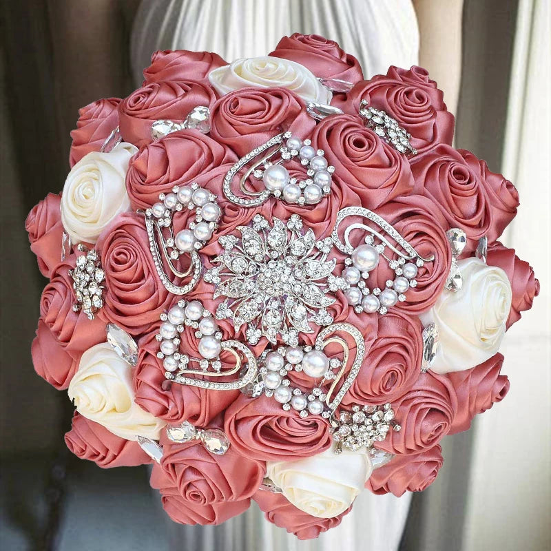 1pc/lot  Red Wedding Bouquet Gold Diamond Silver Diamond Pearl Decoration Bridal Wedding Bouquet Artificial Ribbon Rose Weddin