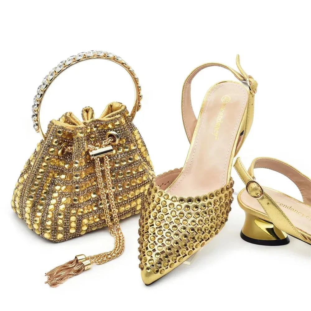 Banquet Plus Size Bridal Shoes Slip-On Pointed Toe Floral Pattern Breathable Round Heel Women's Shoes and Bag Set