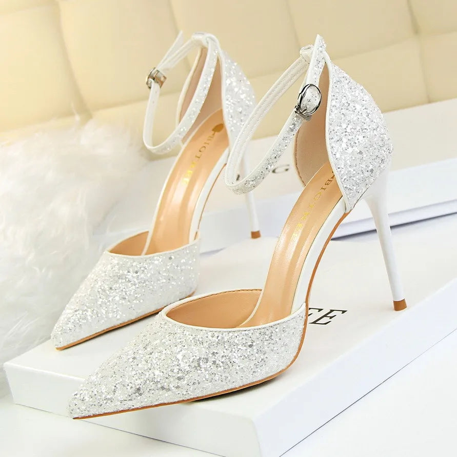 Wholesale Luxury Ladies' Summer Stilettos High Quality Bling Sandals Anti-Slippery Thin Heels with Ankle Buckle Bridal Shoes