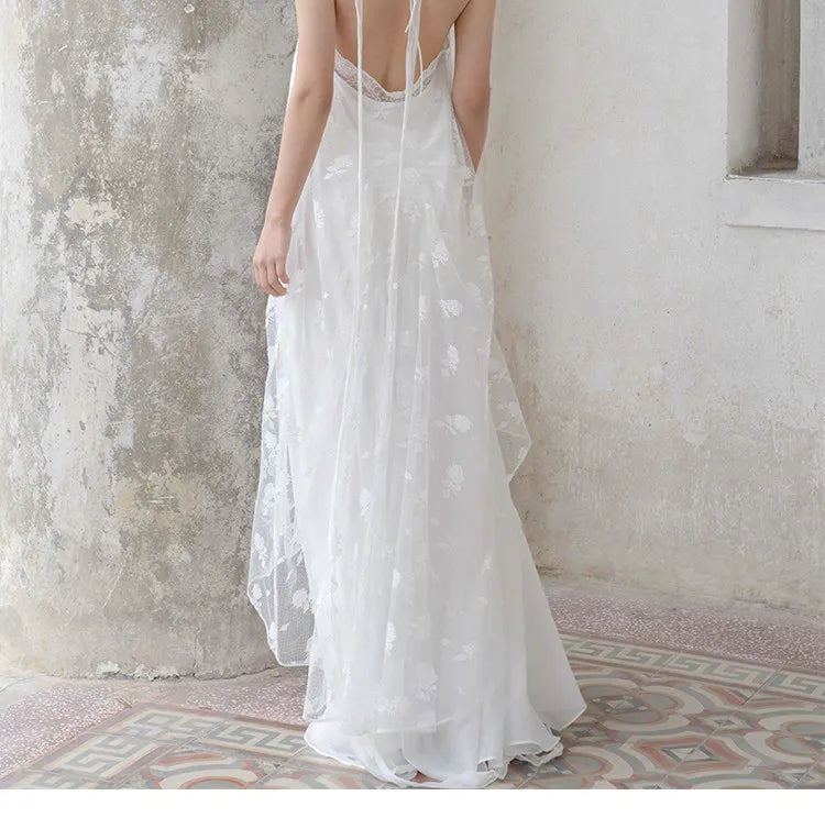 White Lace Halter Lace-Up Spaghetti Strap Floor-Length Bridal Robe Dress  Illusion Beach Vacation Banquet Gown