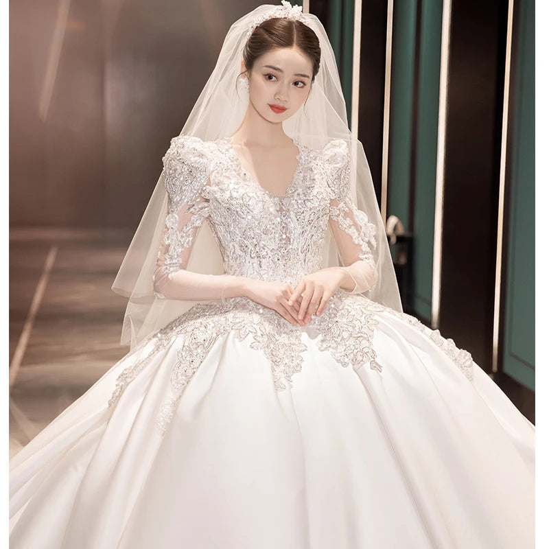 S0417T High-End Bohemian Wedding Dress One-Shoulder Beaded Diamond Tulle Elegant Dreamy Simple Spring Bridal Gown High Collar