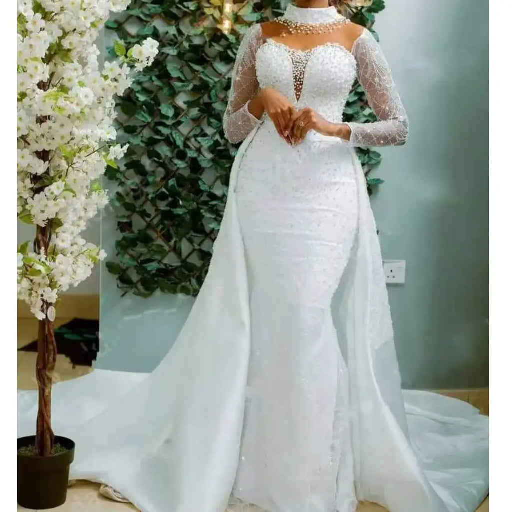 African Mermaid Wedding Dress With Sheer Long Sleeves Detachable Train Satin Fabric High Collar Plus Size Applique Bridal Gowns
