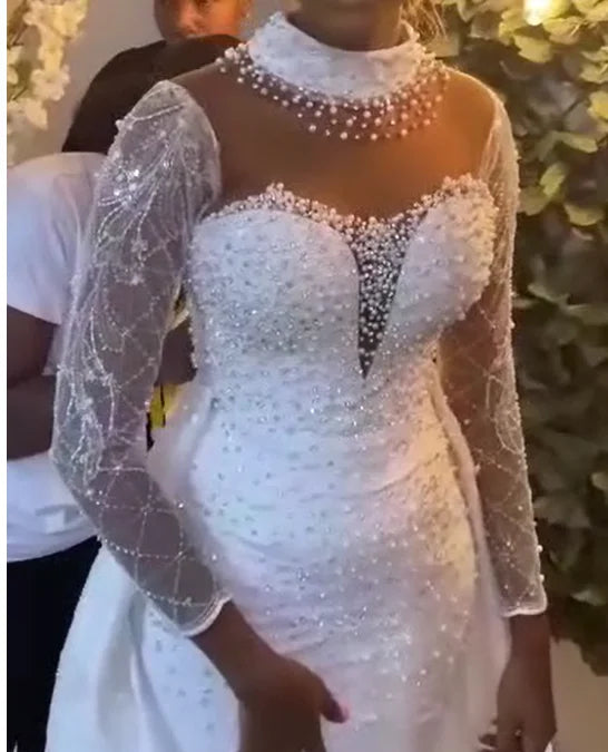 African Mermaid Wedding Dress With Sheer Long Sleeves Detachable Train Satin Fabric High Collar Plus Size Applique Bridal Gowns