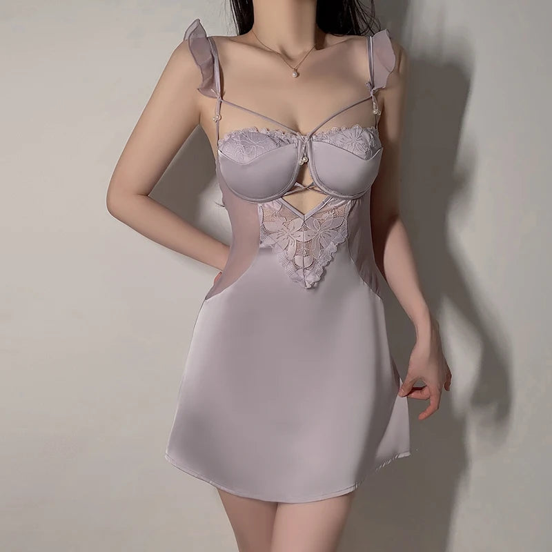 Custom Logo Pure Lust Plus Breast Padded Suspender Nightgown Cardigan Robe Sexy Satin Patchwork Home Wear Pajamas Women
