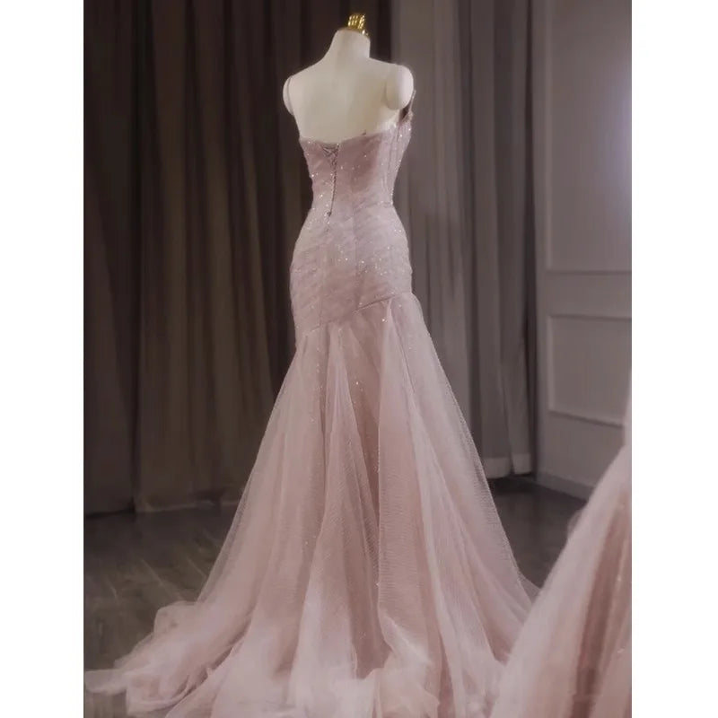 French-Style Luxury Pink Evening Wedding Dress for Women Fishtail Trailing Light Short Sling Fairy Host Sequined Lace-Up Back