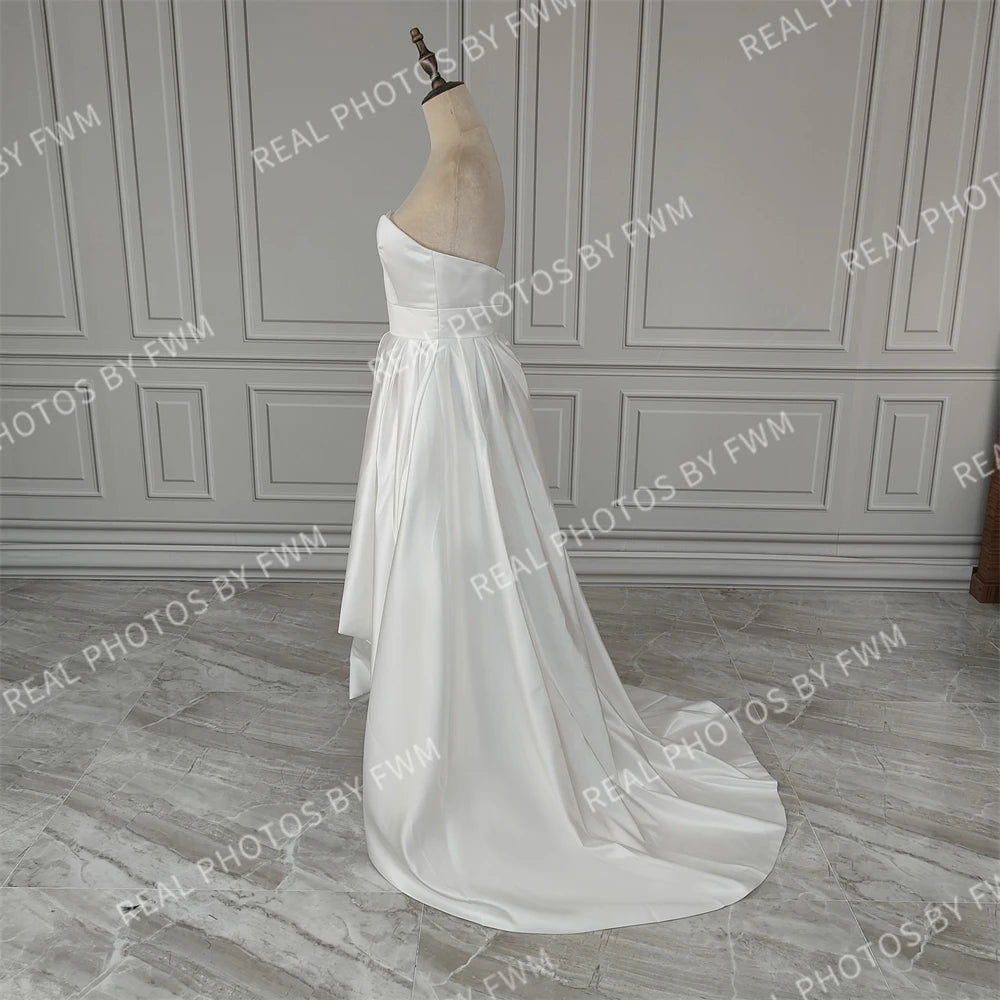 15506# Real Photos 2 in 1 High Low Boat Neck Sweep Train Satin A-line Wedding Dress Bridal Gown for Women With Pockets
