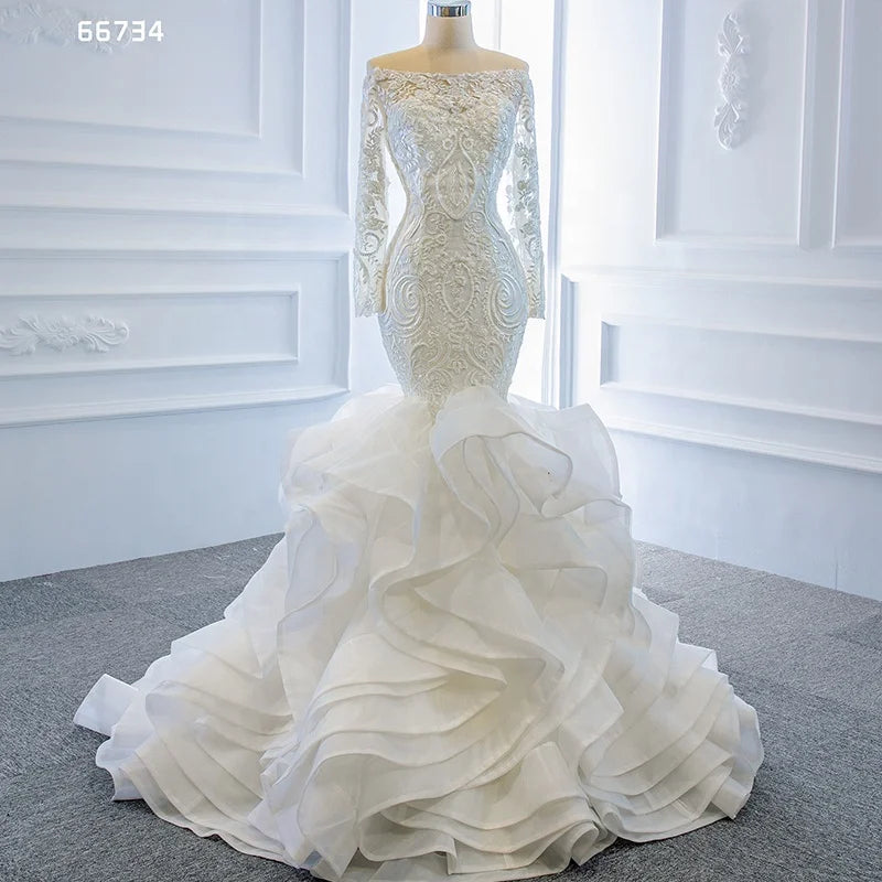 Jancember RSM66734 Mermaid Tail Off Shoulder Luxurious Long Sleeve Lace Wedding Dress