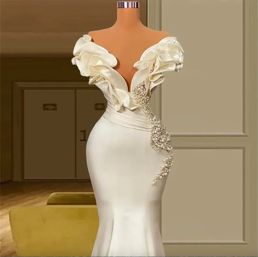 Dubai Saudi Arabia Pearls Mermaid Wedding Dresses Off the Shoulder Ivory Satin Ruffles Bridal Gowns Boho Bride Reception MW652