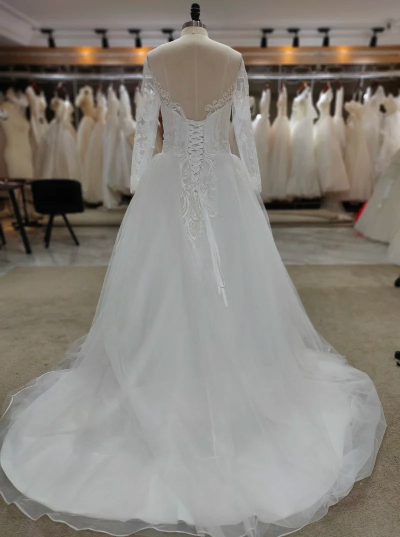 9140#Long Tail Luxury Puffy O-Neck Illusion Lace Long Sleeve Applique Sequined Princess Ball Gown Wedding  Dresses Bridal Gown