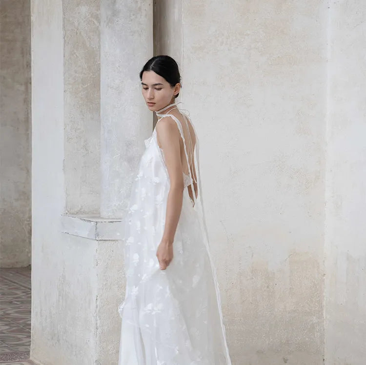 White Lace Halter Lace-Up Spaghetti Strap Floor-Length Bridal Robe Dress  Illusion Beach Vacation Banquet Gown