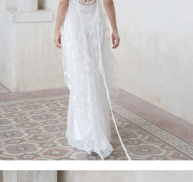 White Lace Halter Lace-Up Spaghetti Strap Floor-Length Bridal Robe Dress  Illusion Beach Vacation Banquet Gown