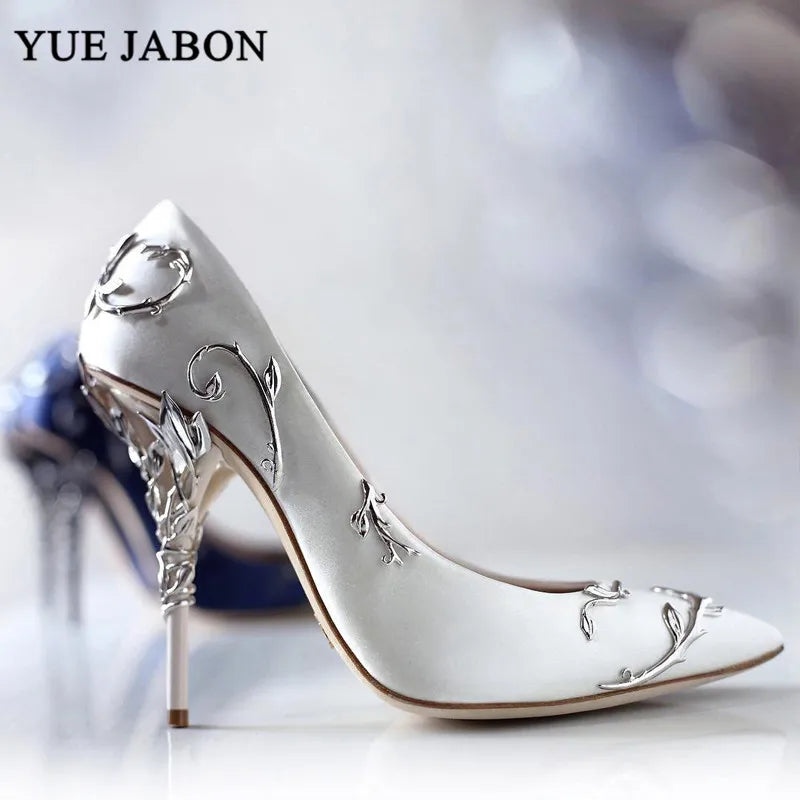 Luxury Leaves Metal Heel Pumps Women Shoes Pointed Toe Blue White Pink Black Silk Stiletto High Heels Wedding Bride Shoes 10cm