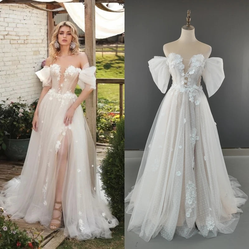 4562# Real Photos 3D Flowers Off Shoulder V-neck A-line Wedding Dress Sweep Train Bridal Gown High Slit Low Back Polka Dots Lace