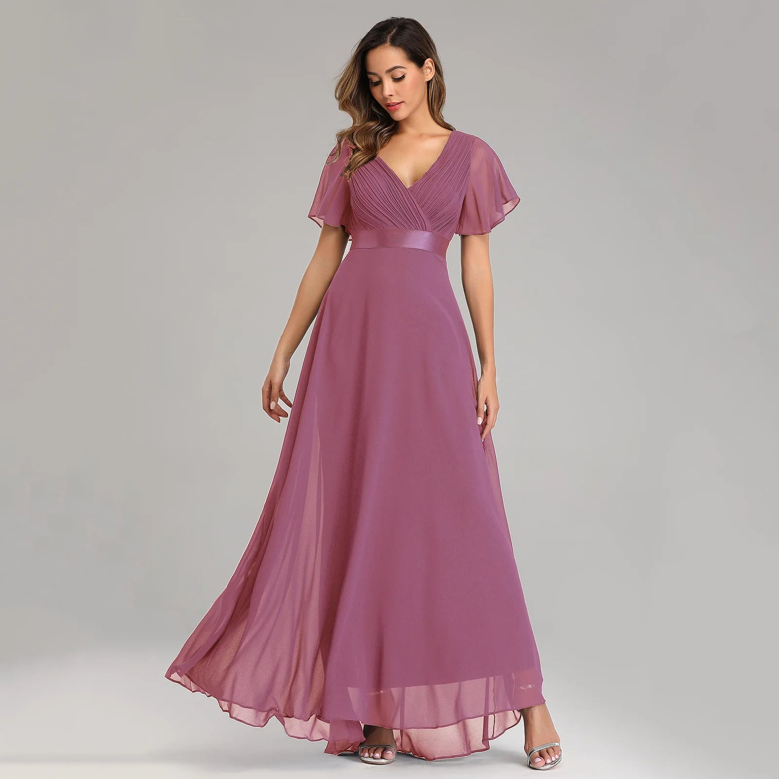 XU90812 High Quality Hand Folded Bridesmaid Dresses Large Swing V-neck Flare Sleeve Chiffon Dress Elegant Evening Dresses 2022