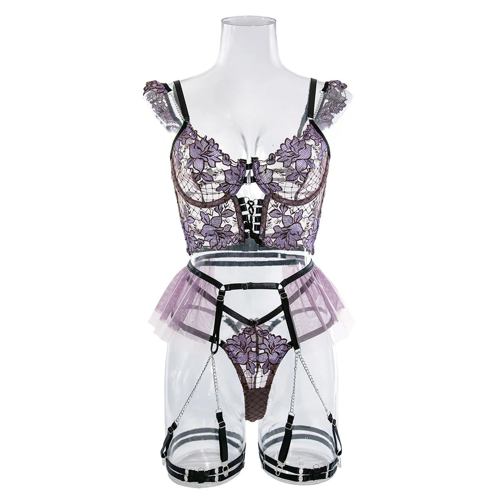Ins Popular Sexy Lingerie With Garter Erotic Sheer Fishnet Bra Adjustable Underwear Set T-Back Pants See Through Bikini