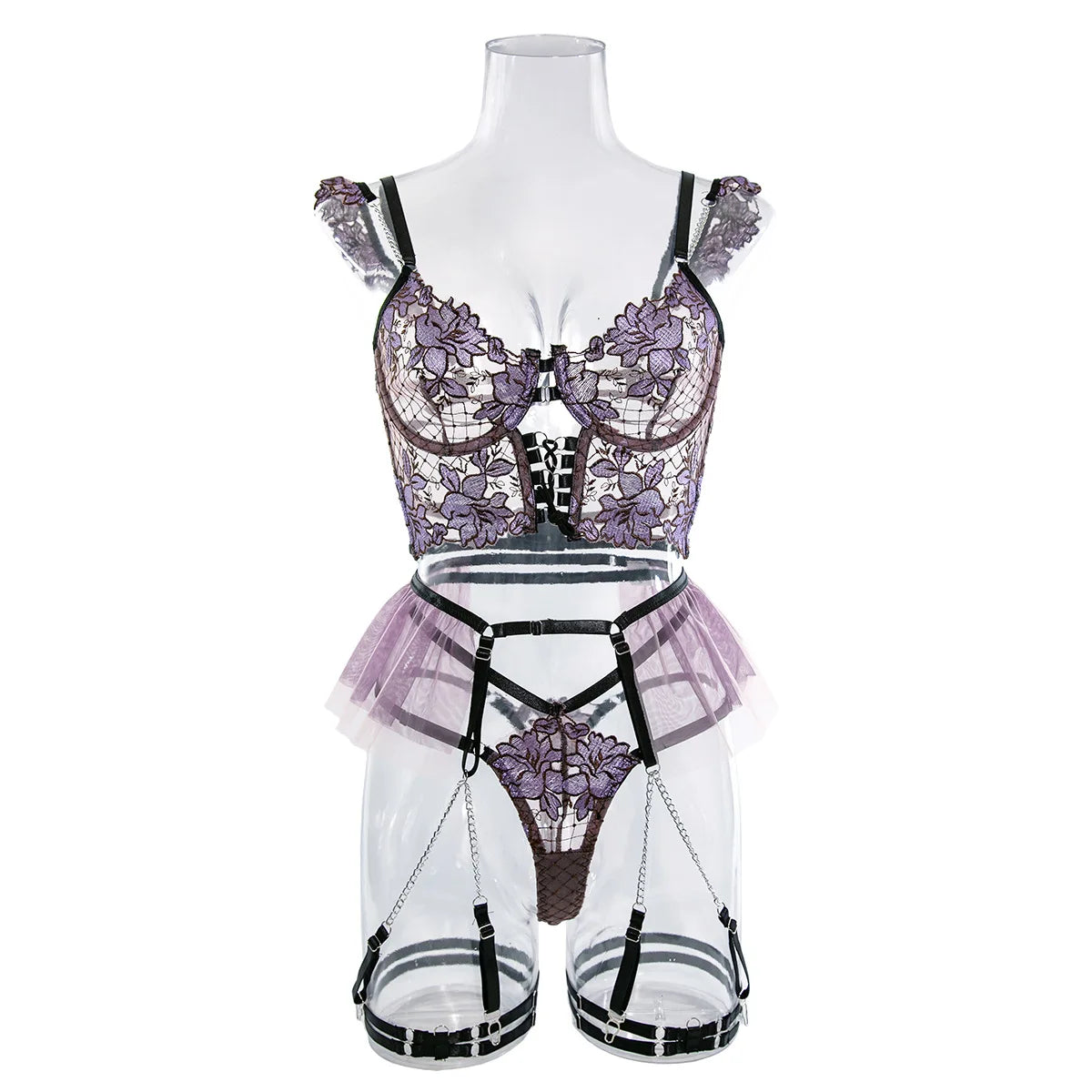 Ins Popular Sexy Lingerie With Garter Erotic Sheer Fishnet Bra Adjustable Underwear Set T-Back Pants See Through Bikini