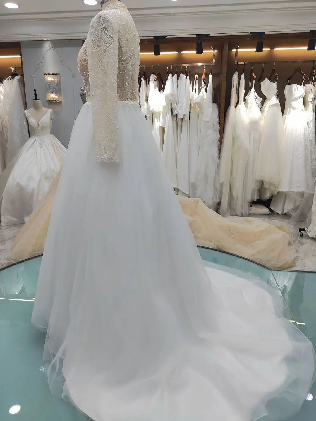 9118# High Neck Casual Beach A-Line Lace Beading Puffy  Wedding Dresses Long Sleeve  Lace Boho Wedding Dress Bridal Gown