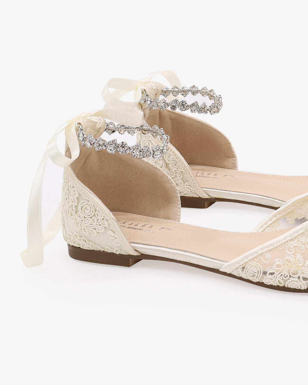 Wedding Crochet Lace Pointy Toe Flats with Amaryllis Crystal Strap