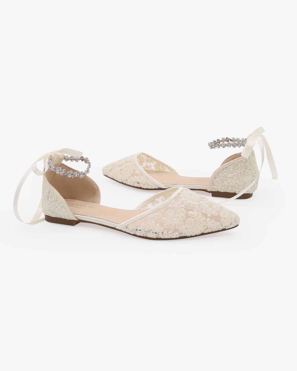 Wedding Crochet Lace Pointy Toe Flats with Amaryllis Crystal Strap