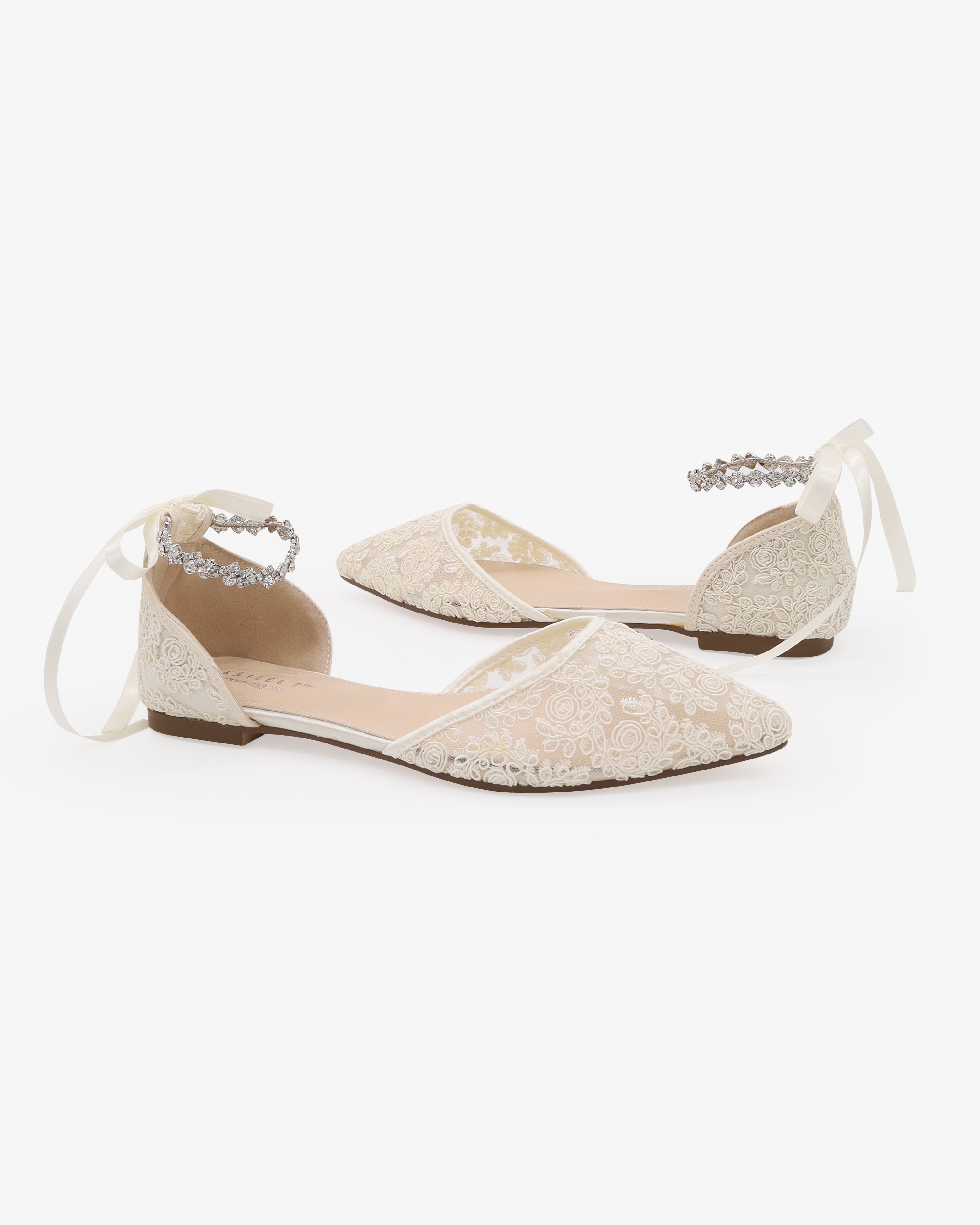 Wedding Crochet Lace Pointy Toe Flats with Amaryllis Crystal Strap
