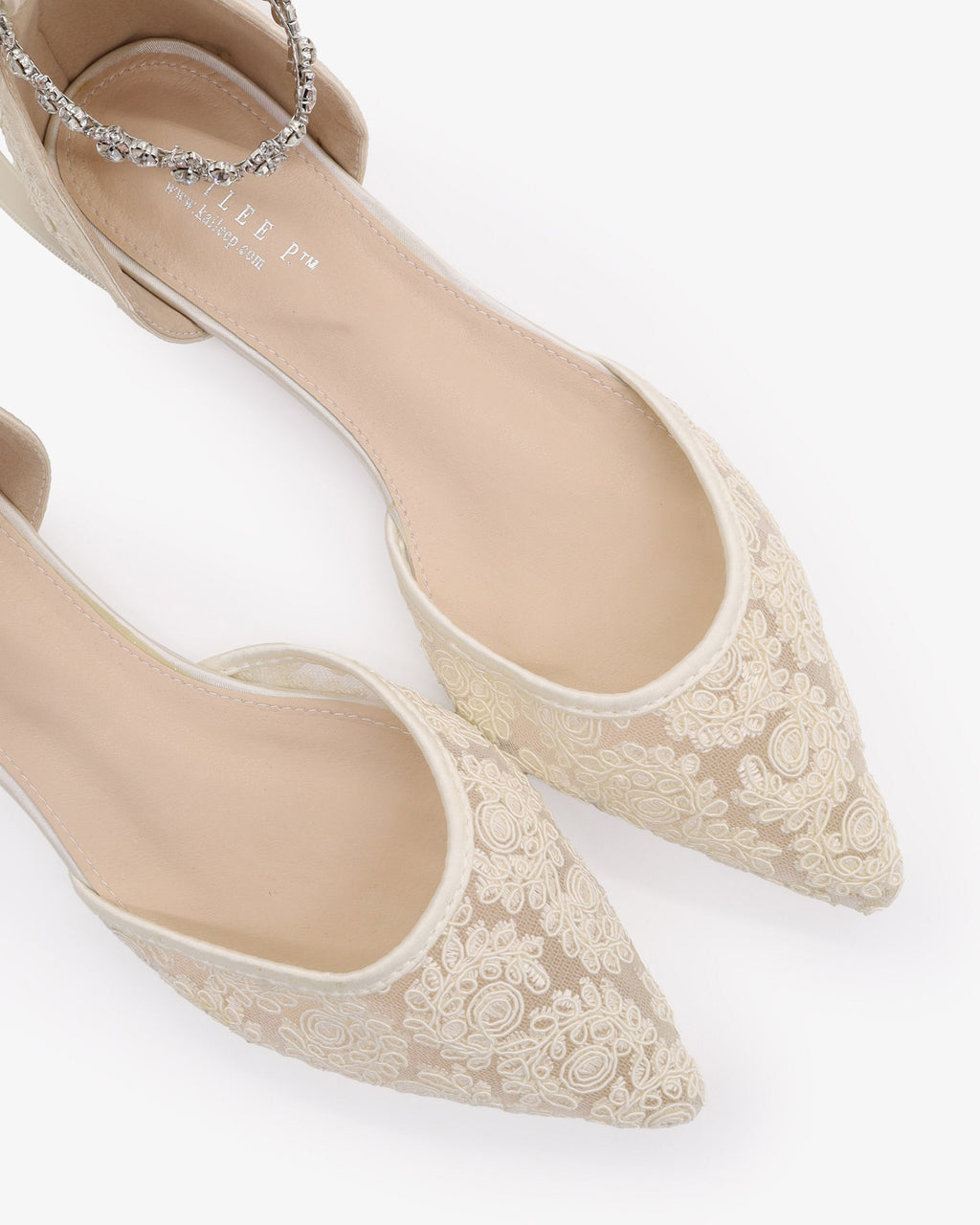 Wedding Crochet Lace Pointy Toe Flats with Amaryllis Crystal Strap