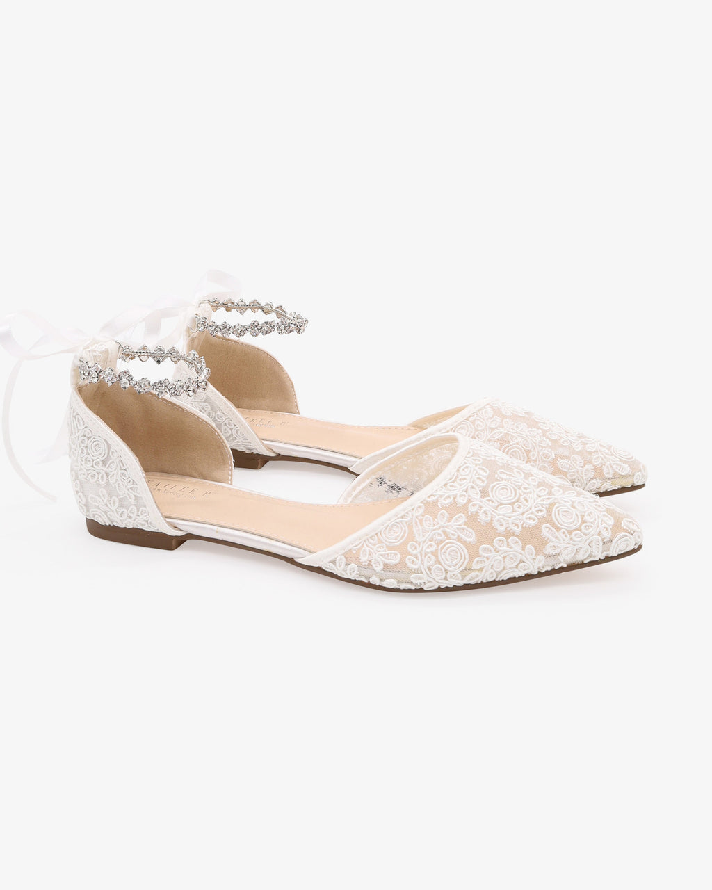 Wedding Crochet Lace Pointy Toe Flats with Amaryllis Crystal Strap
