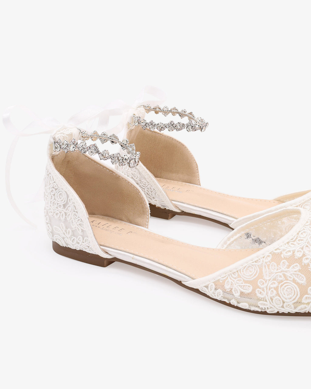 Wedding Crochet Lace Pointy Toe Flats with Amaryllis Crystal Strap