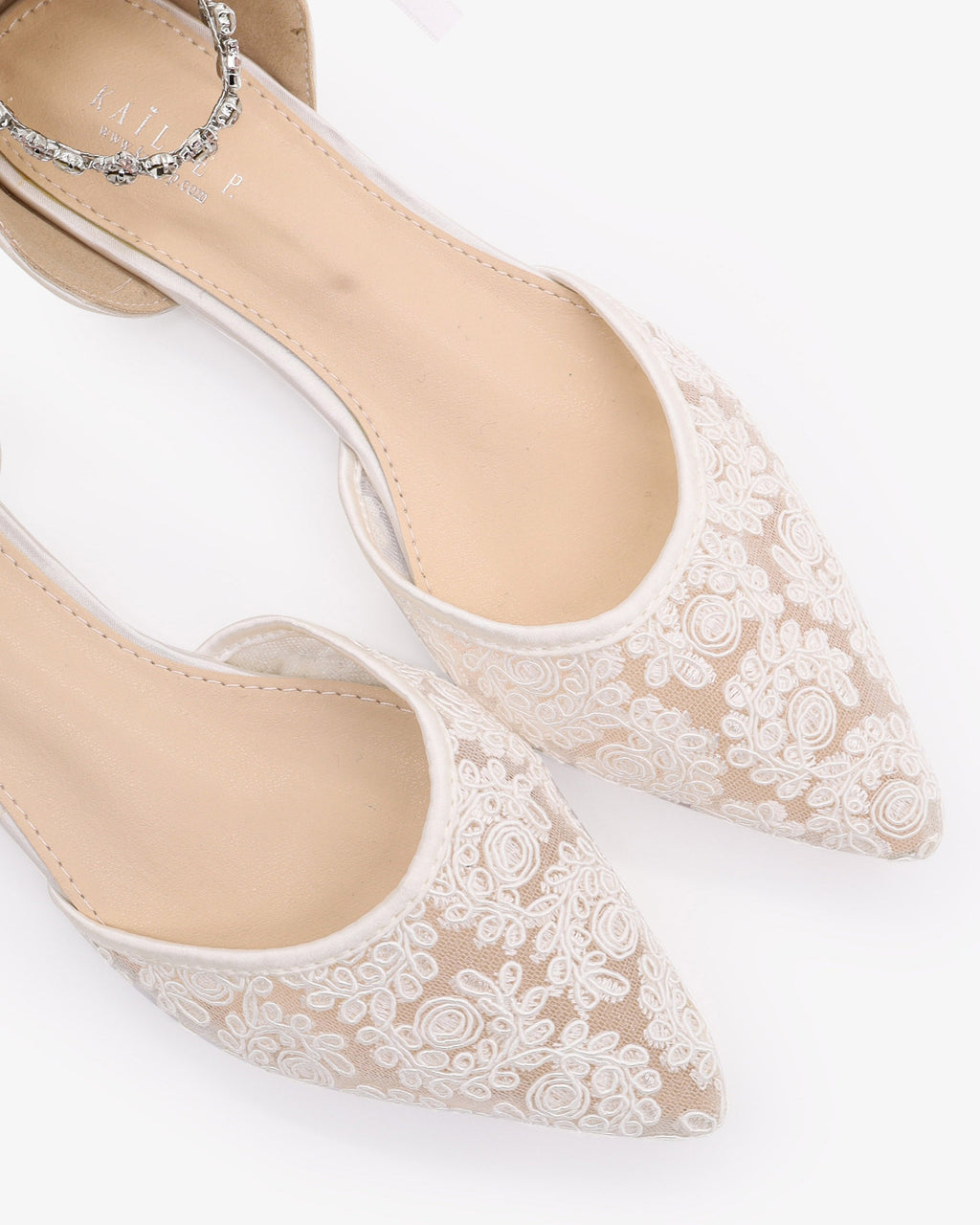 Wedding Crochet Lace Pointy Toe Flats with Amaryllis Crystal Strap