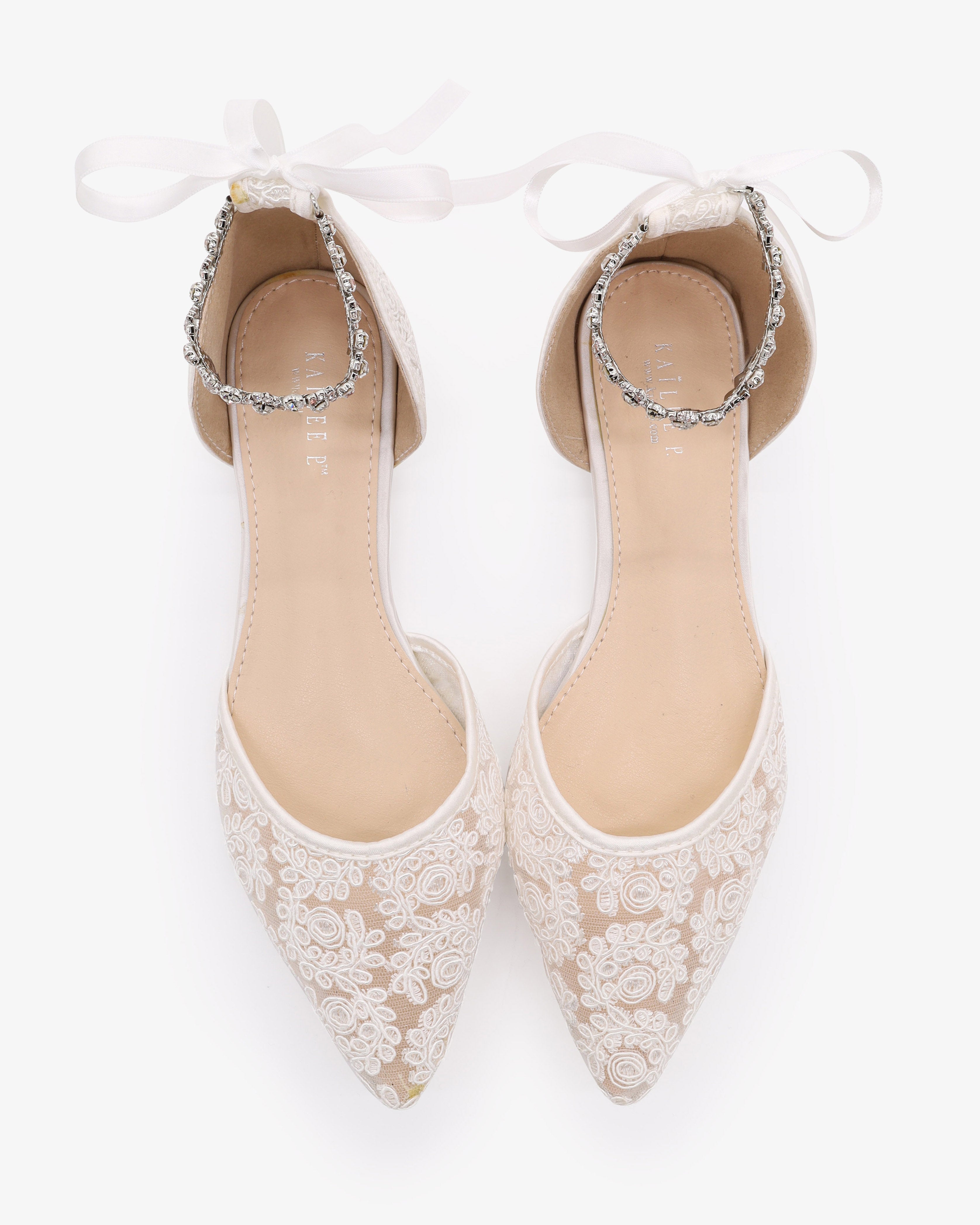 Wedding Crochet Lace Pointy Toe Flats with Amaryllis Crystal Strap