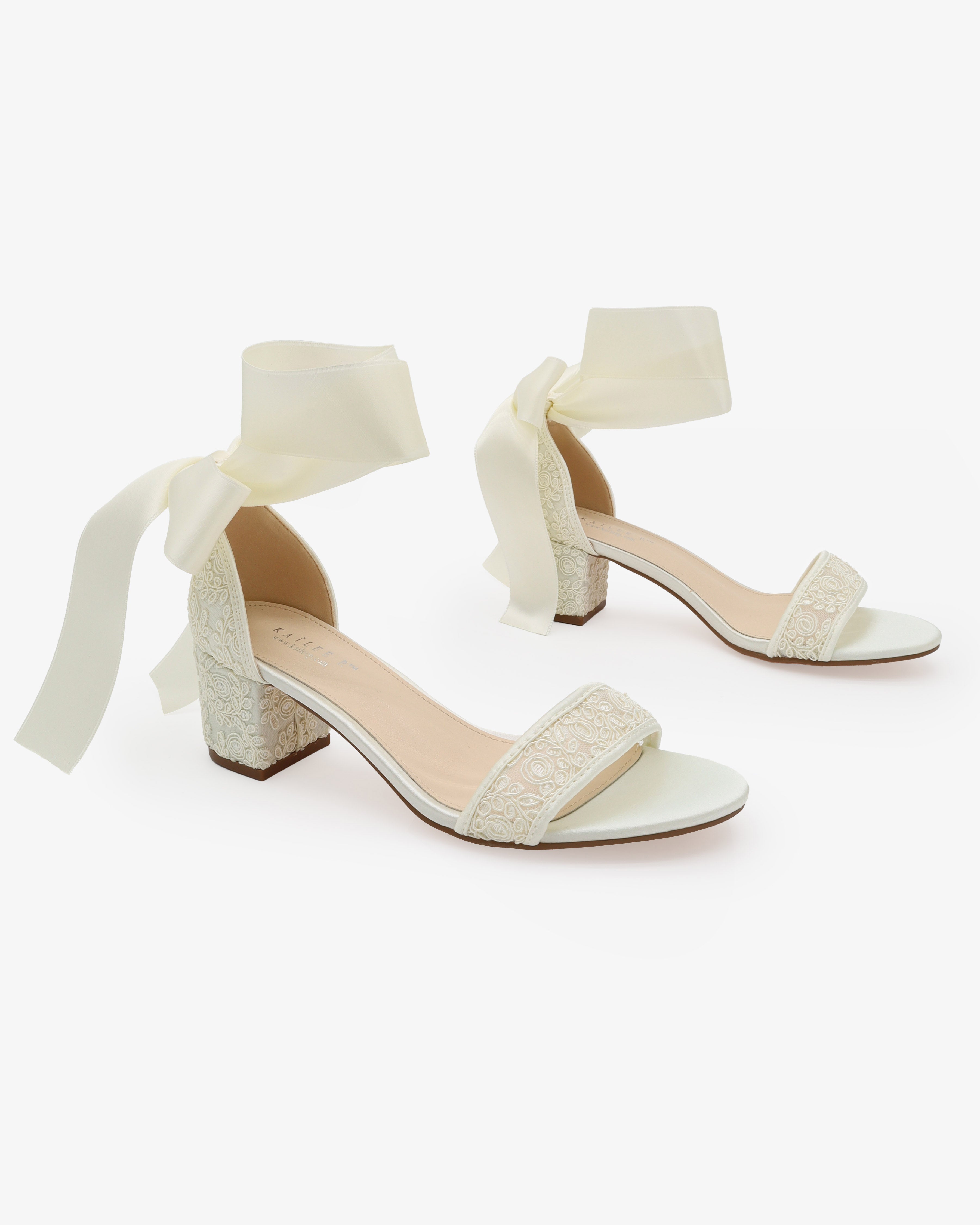 Crochet Lace Block Heel Wedding Sandals with Wrapped Ankle Tie