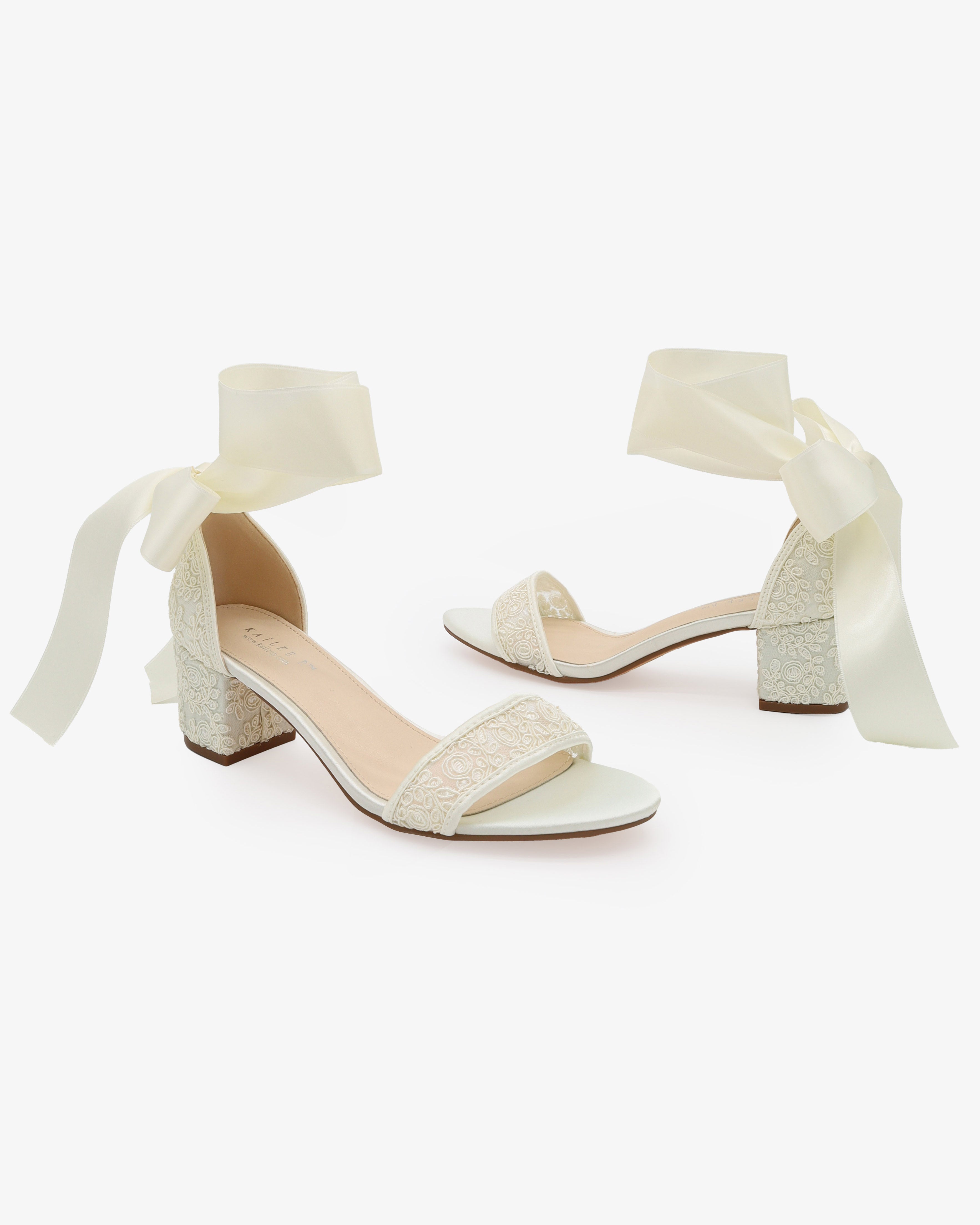 Crochet Lace Block Heel Wedding Sandals with Wrapped Ankle Tie