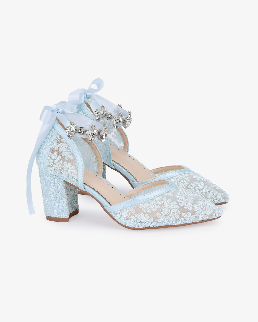 Lace Block Heel For Weddings with Navette Cluster Rhinestones Strap