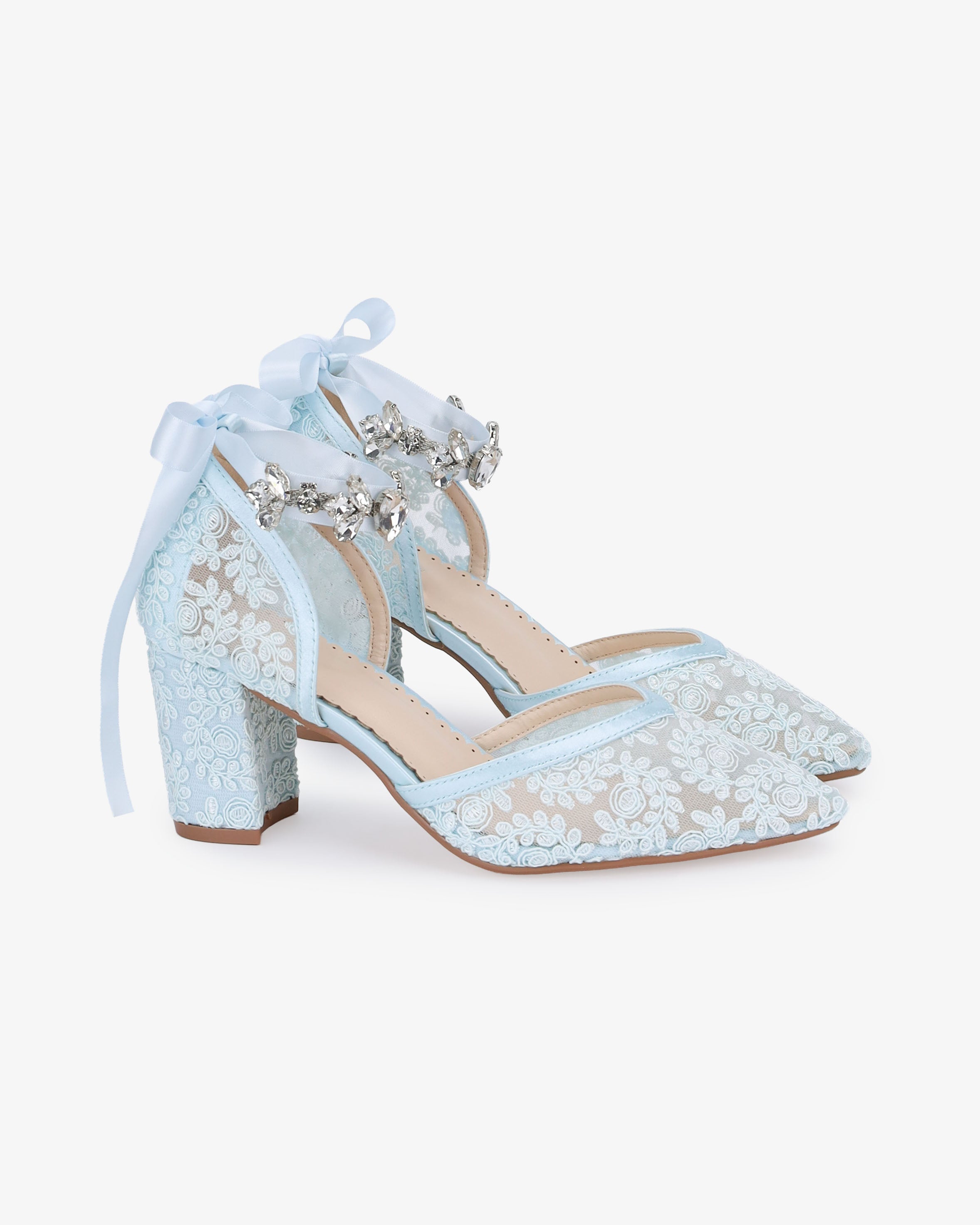 Lace Block Heel For Weddings with Navette Cluster Rhinestones Strap