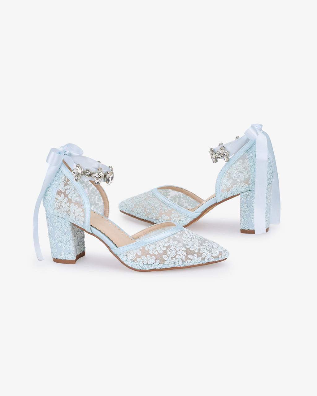 Lace Block Heel For Weddings with Navette Cluster Rhinestones Strap