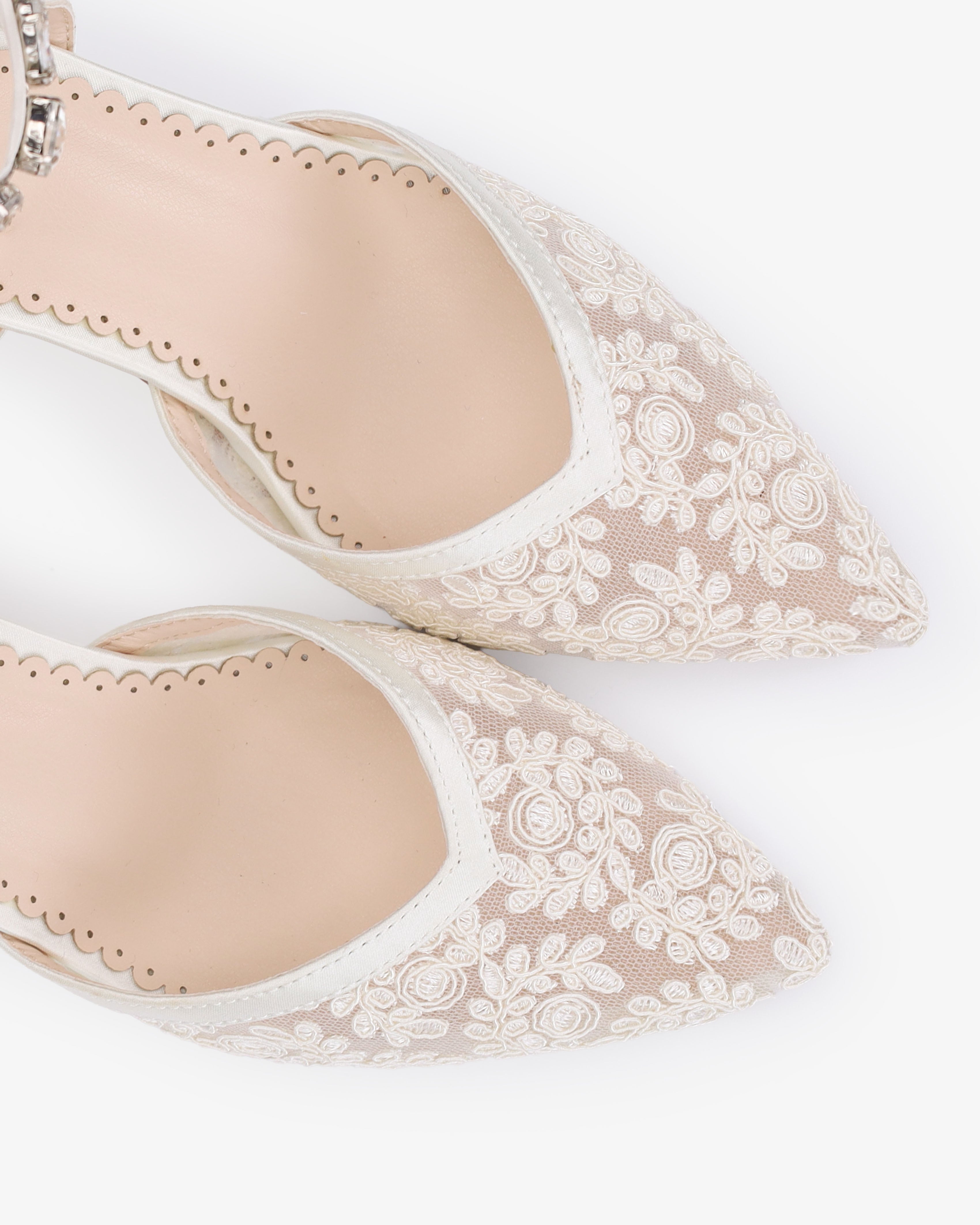 Lace Block Heel For Weddings with Navette Cluster Rhinestones Strap