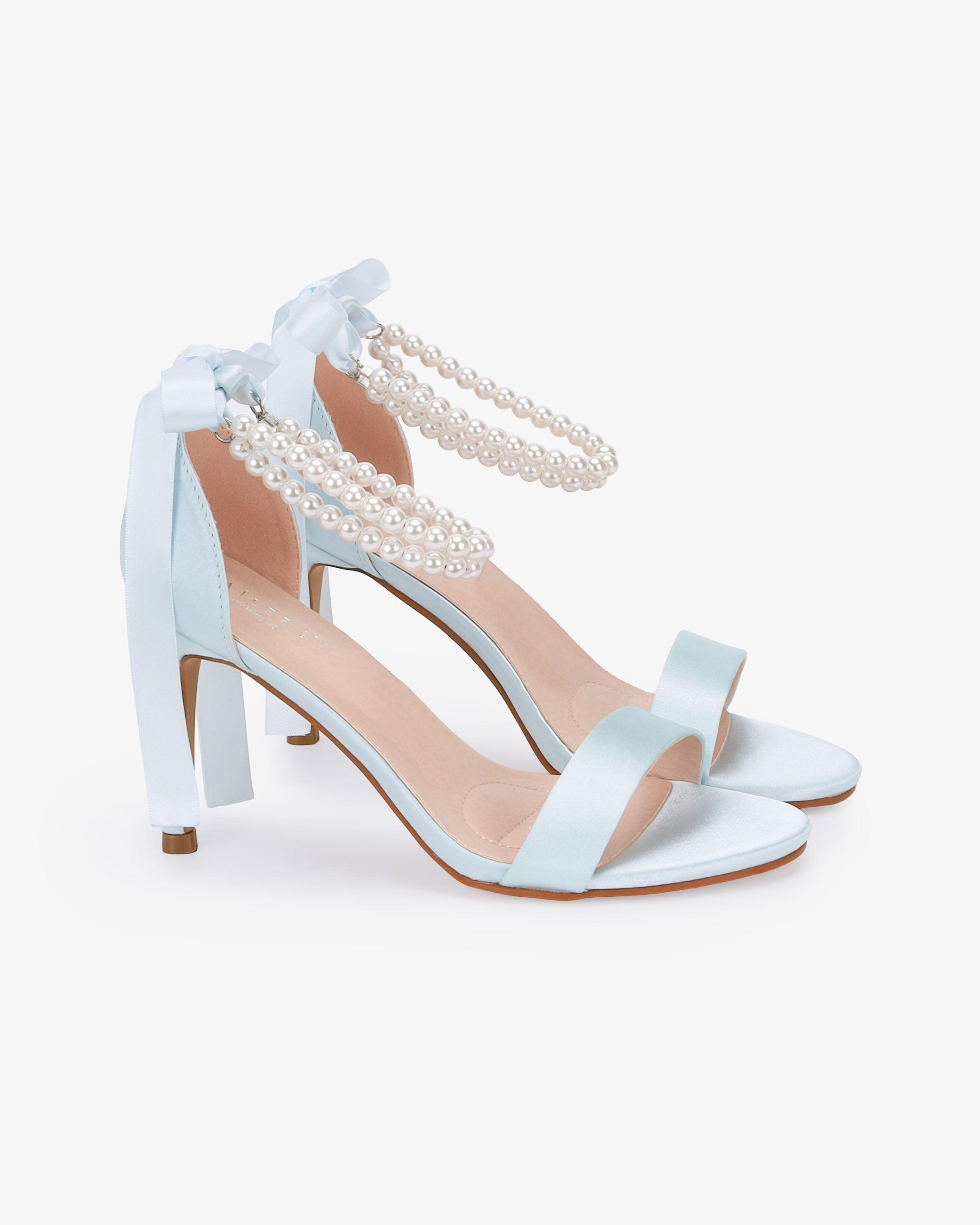 Satin High Heel Wedding Sandals with Double Pearls Ankle Strap
