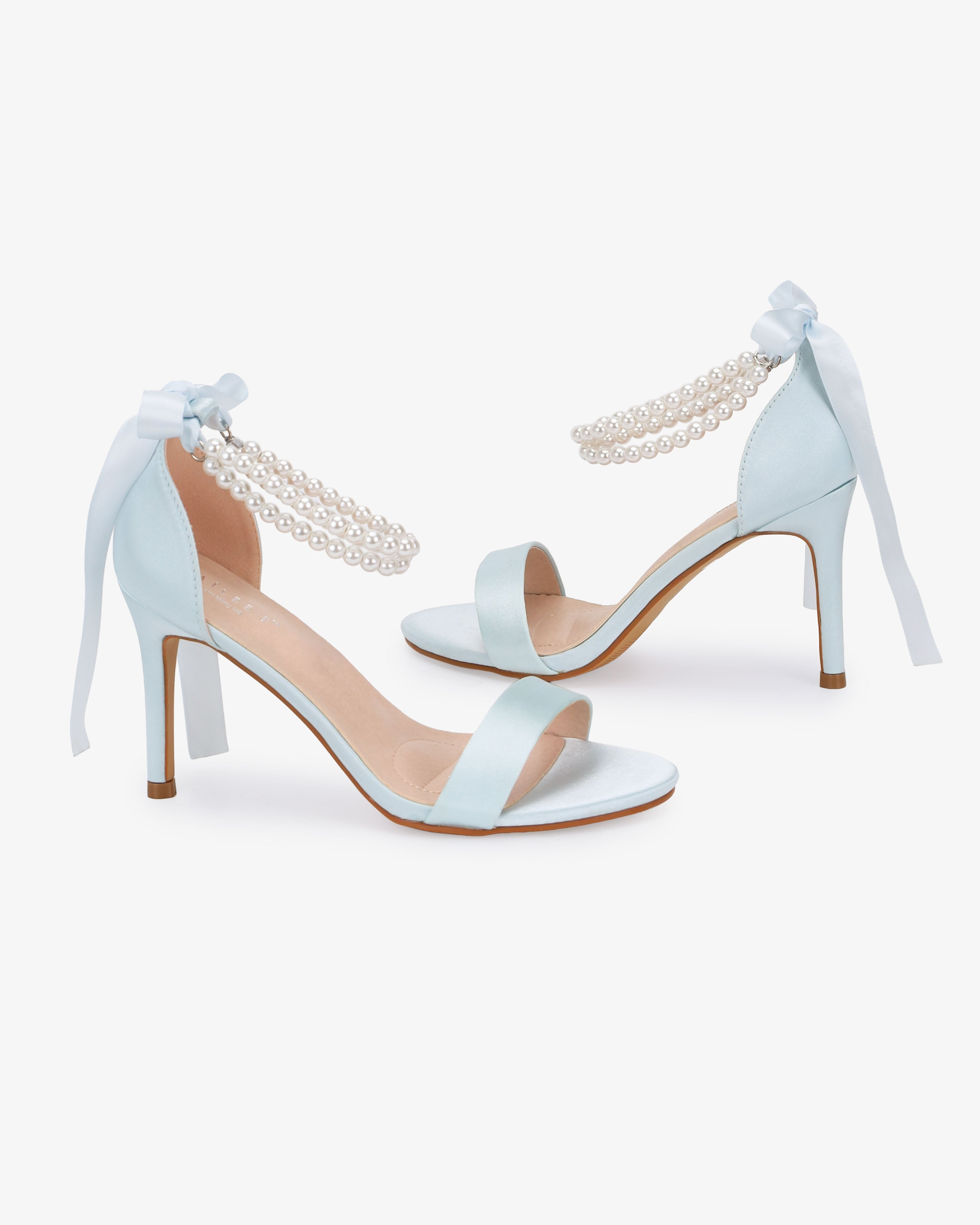 Satin High Heel Wedding Sandals with Double Pearls Ankle Strap