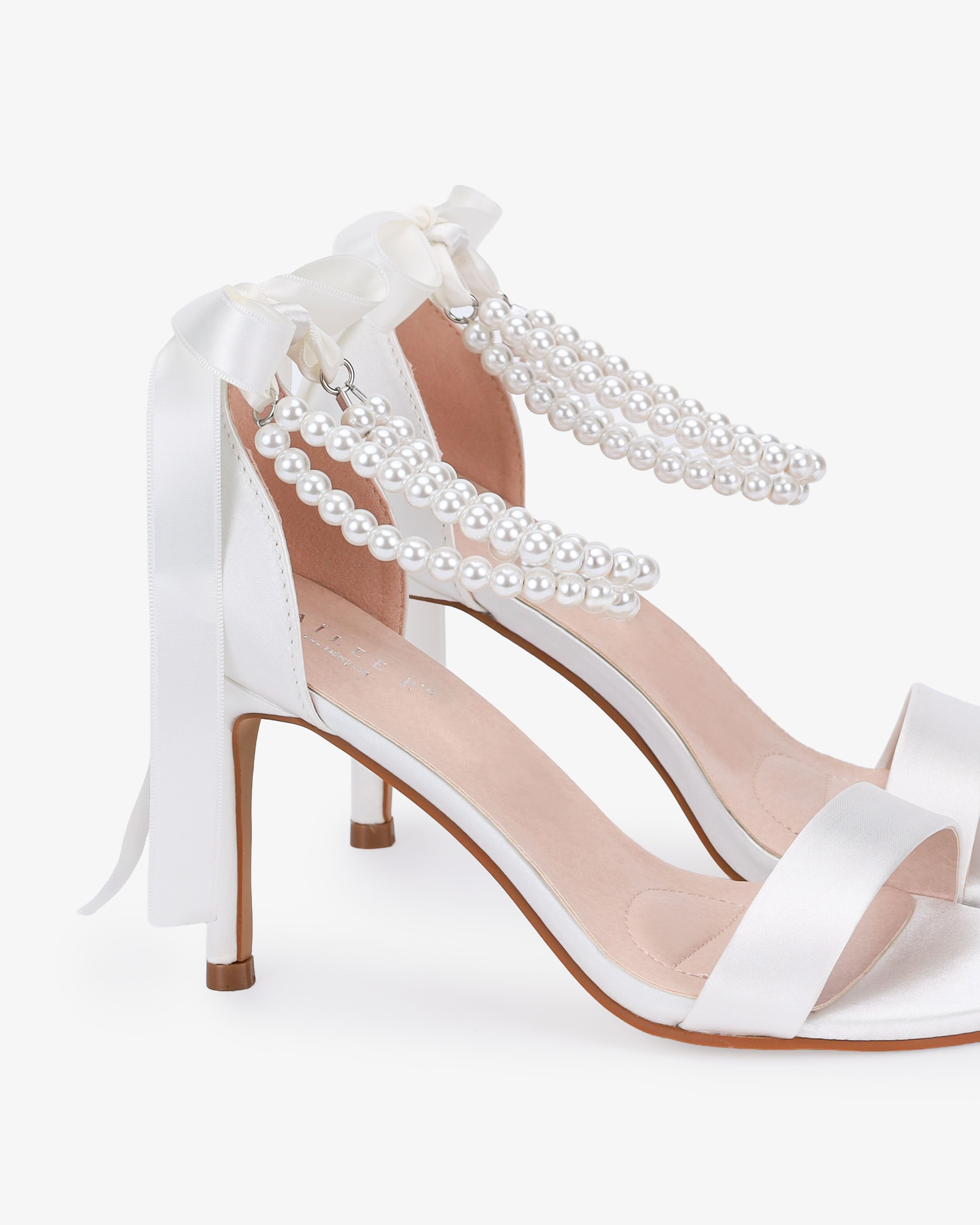 Satin High Heel Wedding Sandals with Double Pearls Ankle Strap