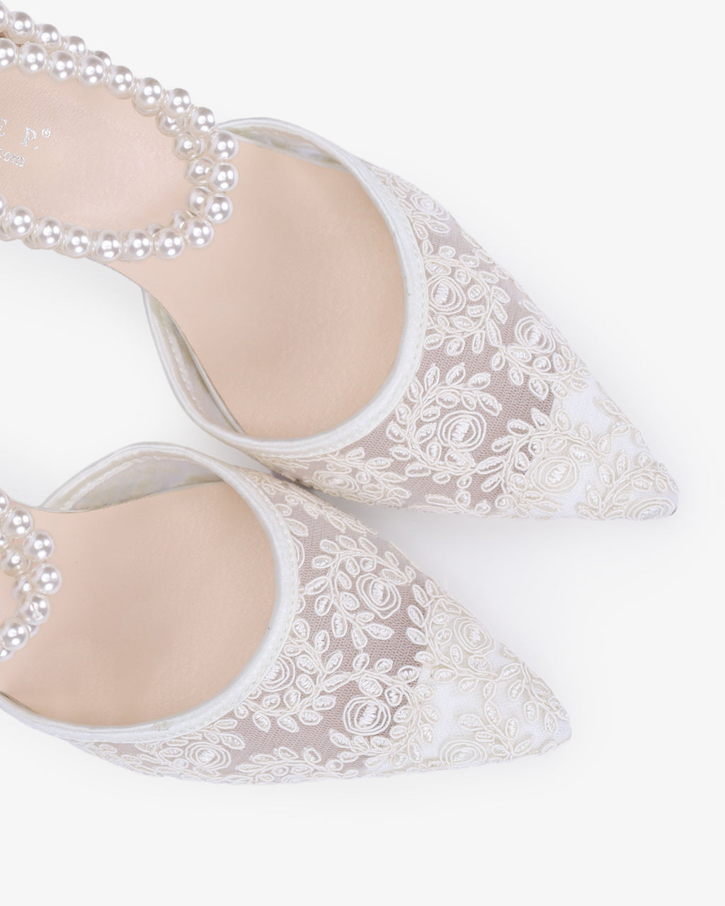 Wedding Lace Heels with Double Pearls Ankle Strap