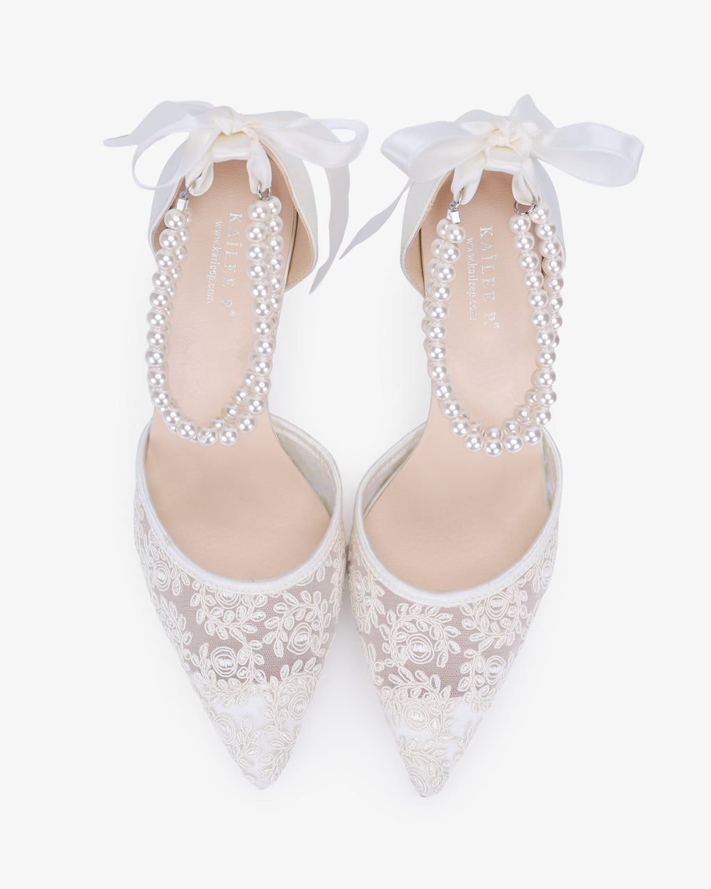 Wedding Lace Heels with Double Pearls Ankle Strap