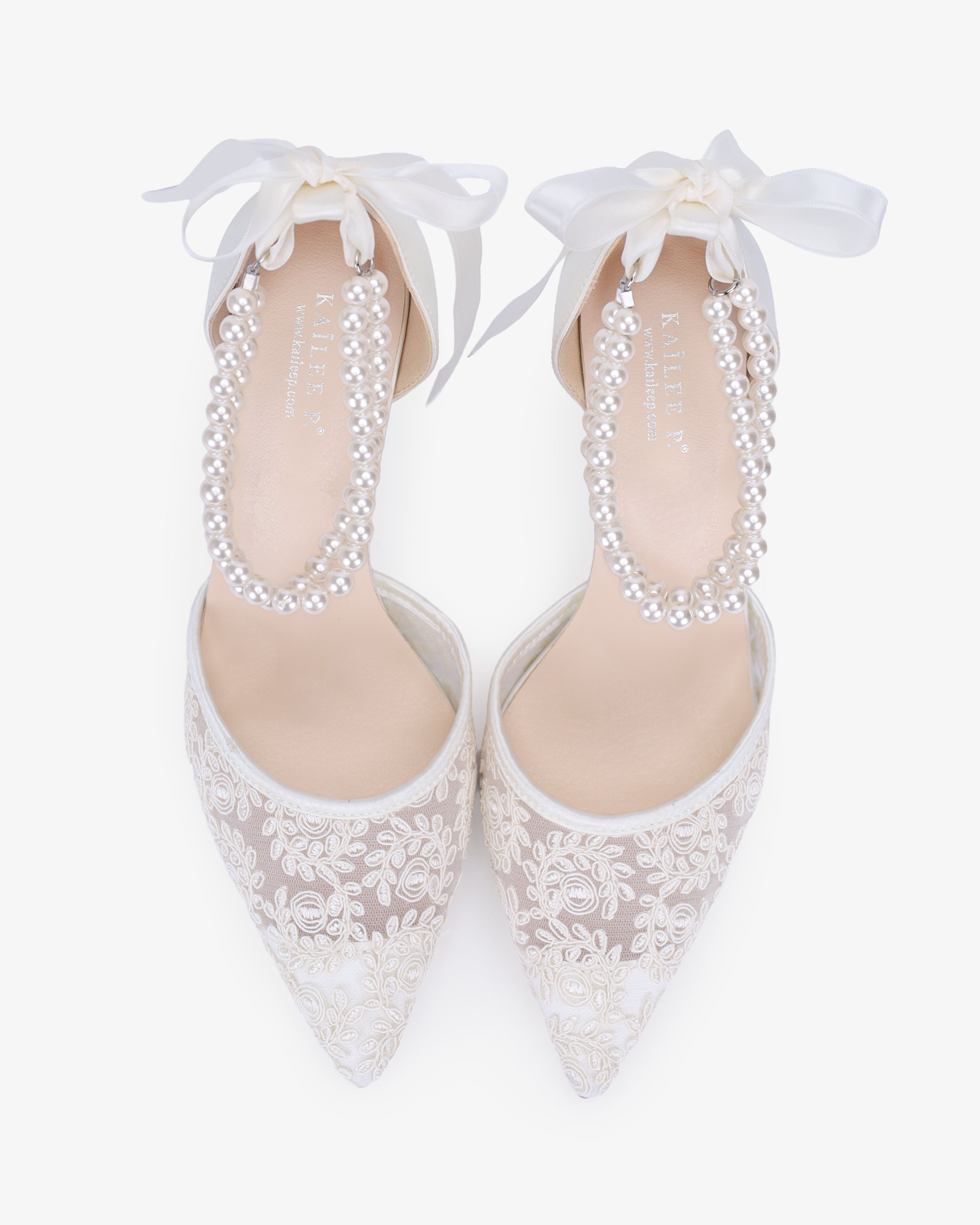 Wedding Lace Heels with Double Pearls Ankle Strap
