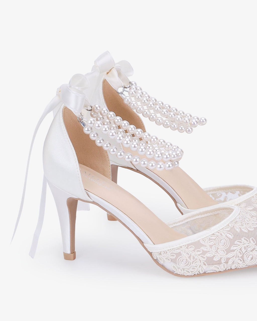 Wedding Lace Heels with Double Pearls Ankle Strap